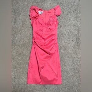 Maggy London Sheath Dress in Pink with Ruched Ruffled Details